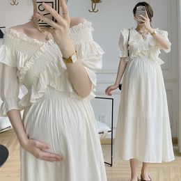 Robe de maternité à volants, couleur unie, vêtements d'été pour femmes enceintes, col en V, en coton, longue grossesse, nouvelle collection 2022