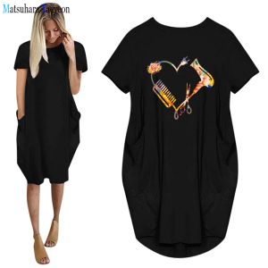 Robe t-shirt à fleurs pour femmes, chemise de coiffeur, outil amusant, coiffeur, manches courtes, imprimé, Harajuku, noir