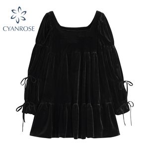 Jurk voor vrouw party zwarte lange mouw lace up vierkante kraag vintage midi gewas jurk vrouwelijke elegante Koreaanse lente vestidos 210417