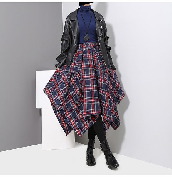 Robe pour femme demi-jupe irrégulière jupe taille haute à carreaux avec ceinture Style chaud 2020