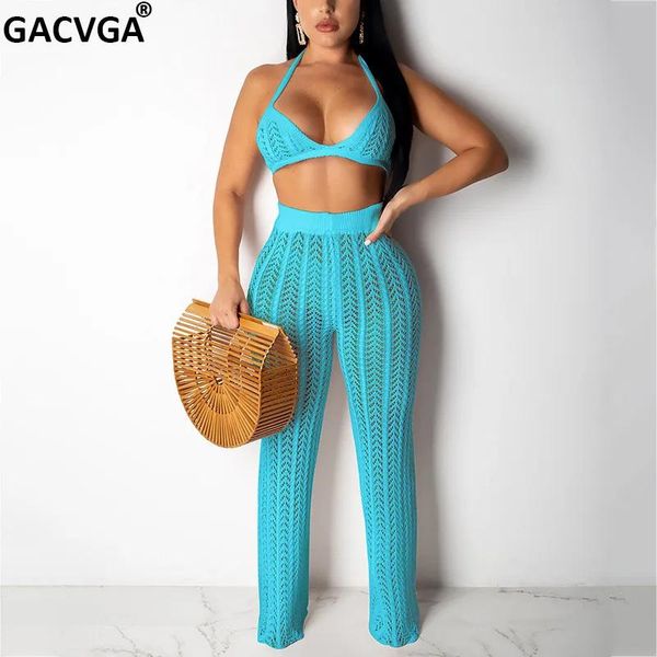 Vestido GACVGA Trajes de pantalón de punto ahuecados sexy Top corto de crochet para mujer y pantalones anchos con LED Conjunto de dos piezas de verano Ropa de playa informal para mujer