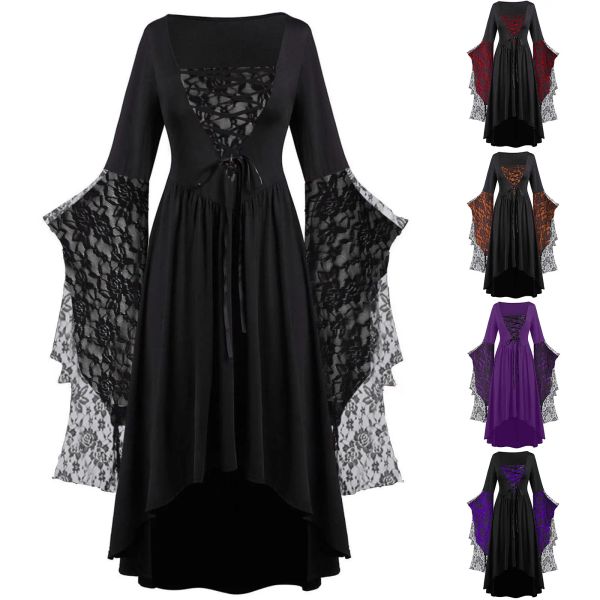 Vestido Gótico Vestidos De Halloween Mujeres Vintage Bruja Vampiro Vestido Vestidos Hasta Carnaval Vestido De Fiesta Trompeta Manga Vestido Largo Tallas Grandes