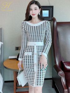 Jurk H Han Queen 2021 Winter Nieuwe Houndstooth longsleved buttonbottomed gebreide pullover jurk bewaar warme potloodhulsjurken