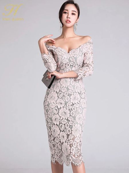 Hobe H Han Queen Korean Style Elegant en dentelle crayon bodycon robe femme 2018 Sexy Special occasion robe mince vestide à l'épaule froide