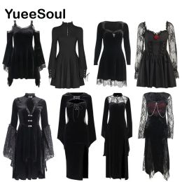 Dress Halloween Gothic Women Dress Long Sleeve High Waist Dresses 2023 New Goth Aesthetic 90s Egirl Sexy Slim Party Club Dress
