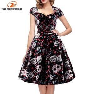 Jurk Halloween Skull Print Gothic Jurk Vrouwen Vintage Vierkante Kraag Verpakt Borst Big Size 4XL Swing Rockabilly Pin Up Retro Jurken