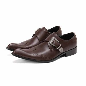 Handgemaakte puntgemaakte formele formele echte heren teen Buckle Brown Business Leather Shoes Men 538