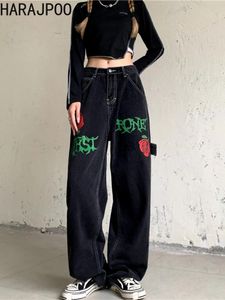 Habiller Harpoo Pantalon Feme Rose Broiderie High Street Jeans Femmes Corée INS VINTAGE COULET