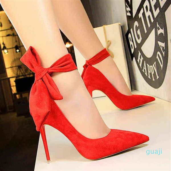 Robe talons hauts en daim nœud papillon femme pompes Stiletto dames femmes pompe de base chaussures de mariage chaussures