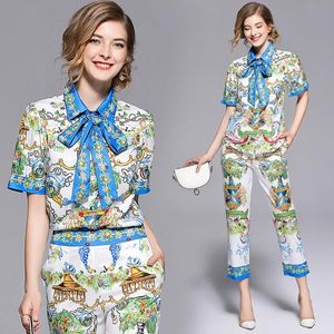 Kleed Hoge kwaliteit 2021 Zomerontwerper Fashion Runway Sets Women Shortsleeve Bow Tie Shirts Tops + Casual Pattern Print Pants Set