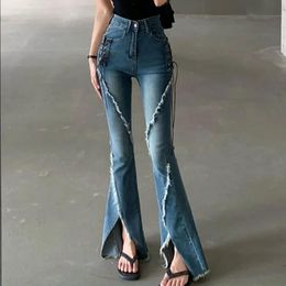 Habiller High Street Vintage Laceup Skinny Flare Jeans Femmes Spring Summer High Wistr Slim Raw Edge Coux Pantalon Denim Split Denim Q196