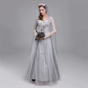 Robe de mariée fantôme d'horreur, Costume de Cosplay d'halloween, robe de soirée fantaisie de mariage pour femmes avec voile, uniformes de mascarade de fête de carnaval