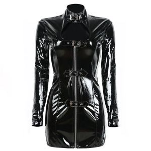 Jurk Hot Koop Zwarte Rits Lange Mouw Hasp PVC Latex Jurk Sexy Nachtclub Prestaties Kostuum