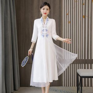 Jurk Verbeterde Hanfu Chinese Stijl 2022 Lente Vrouwen Cheongsam Jurk Retro Geborduurde V-hals Geborduurde Elegante Lange Jurk QC123