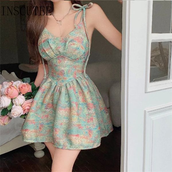 Dress INSCUTEE Vintage Pastel Goth robe femmes Fairycore Grunge Oli peint imprimé Spaghetti sangle taille haute Aline Corset robe Femme