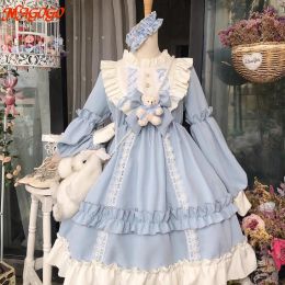 Robe Japonaise Gothique Vintage Robe Lolita pour Femmes Mignon Arc Ours Dentelle Robes Bleues Manches Longues Robe de Princesse Costume d'Halloween