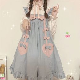 Robe japonaise douce pour filles, robe Lolita, Kawaii, avec nœud d'amour, contraste croisé, nœud à bandes, mignon, à volants, manches lanternes