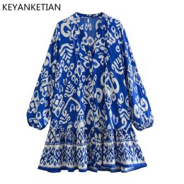 Robe KEYANKETIAN printemps nouveau bleu et blanc porcelaine bleu Totem imprimé Tribal Style ethnique robe à manches longues femmes Mini jupe ample