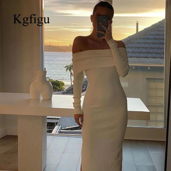 Vestido Kgfigu blanco Rib Slash Neck Vestidos de cumpleaños ajustados mujeres Sexy moda Club Aline Vestidos señora Casual elegante ropa suave