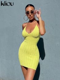 Jurk Kliou Halter Gebreide Bandage Mini Jurk Vrouwen Solid Mouwloos Backless Bodyshaping Beknopte Effen Gewaad Dame Zomer Nieuwe Vestido