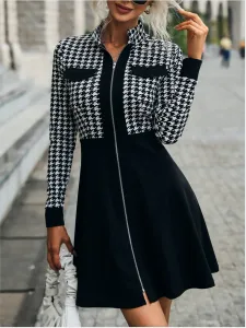 Jurk Dames Lente Herfst Winter Elegante Stiksels Jurk Mode Houndstooth Lange Mouw Rits Dames Vogelrooster Retro Kleding