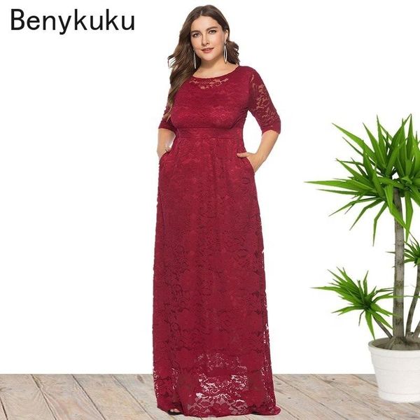 Robe de soirée en dentelle, col rond, grande taille 6xl, ajourée, longue Robe de bal, poches, demi-manches, Robe formelle, 2022 Women Dress