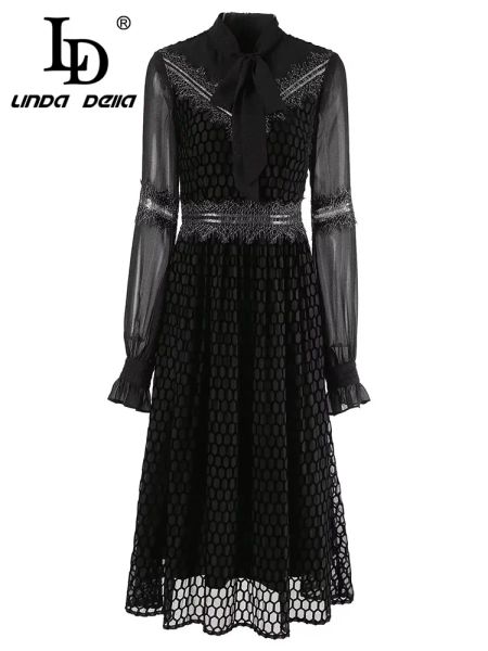 Robe LD LINDA DELLA nouveau Style robe de soirée élégante femmes noir noeud velours taille haute épissure étincelle grille dentelle robe