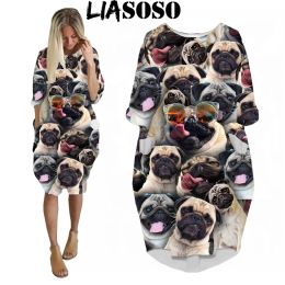 Robe LIASOSO Animal carlin robe impression 3D drôle dames Anime chien mignon genou longueur jupe HipHop à manches longues mode femmes poche jupe