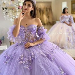 Robe Lilac Quinceanera Robe de bal hors de l'épaule Applique Perles de dentelle Crystal Tull Corset Sweet Vestidos de XV Anos