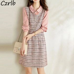 Vestido Vestidos de Manga Larga Mujer Falso Dos Piezas Dulce Primavera Mini Elegante Moda 3D A Cuadros Estilo Coreano Diario Popular Joven Dama Nuevo