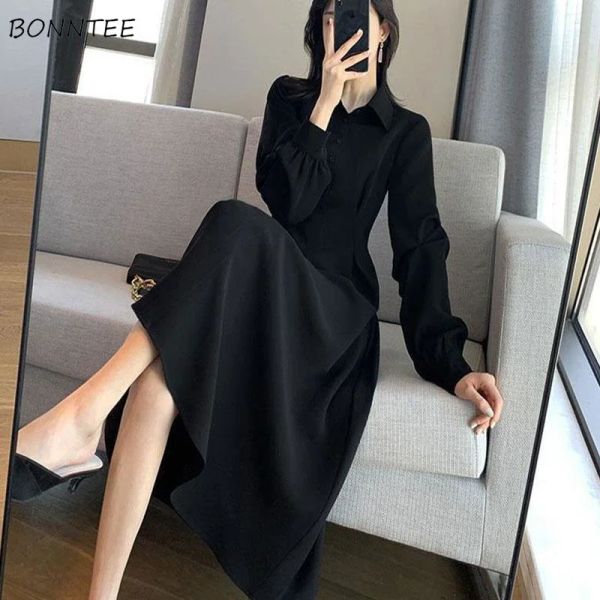 Vestido de manga larga para mujer, vestido negro liso elegante para oficina, media pantorrilla tierna, Túnica interior coreana ALINE para fiesta sencilla