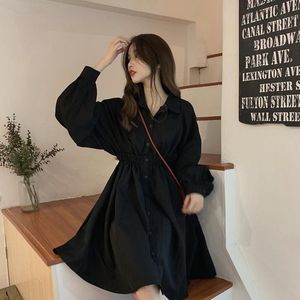 Robe Manches Longues Style Preppy Solide Doux Simple Élégant Plissé Élégant Femmes Mince Quotidien Streetwear Taille Haute 819J 210420