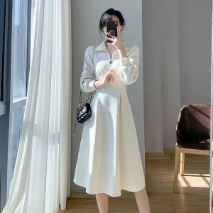 Robe manches longues robes printemps automne col Polo femmes robe fête de mariage soirée femme élégant blanc coréen mode vêtements Y2k