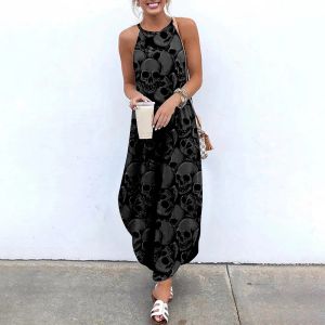 Robe Maxi robes pour femmes crâne imprimé sans manches femmes casual été robe de plage SOJINM fronde longues robes Streetwear