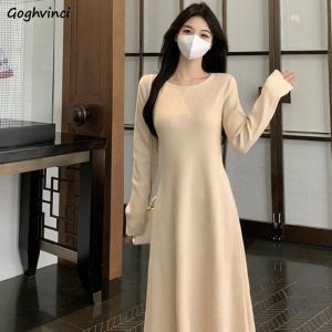 Vestido Midi vestido de mujer tejido cuello redondo elegante Aline otoño nuevo manga larga básico Simple estilo coreano suelto dulce chicas Allmatch