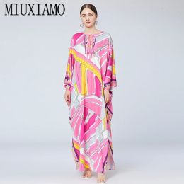 Jurk MIUXIMAO 2023 Vloerlengte Zijden Jurk Vrouwen Gebreide Elastische Boheemse Print Elegante Bladeren Overmaat Losse Nieuwe Mode Kaftan Jurk