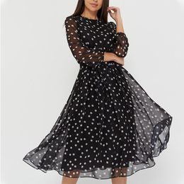 Robe Moarcho Casual Polka Dot Imprimer en mousseline de mousseline Femme haute taille lanterne ALINE HAGE LEGHNEGHNE HOBILD 2021 Nouvelle mode