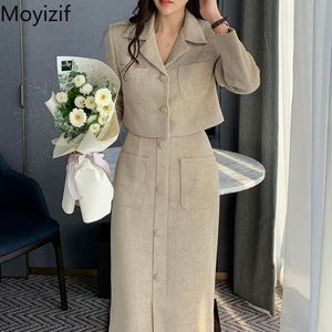 Jurk Moyizif Winter Woman Rok Sets Rapel Pockets Solid Coat High Taille Split Split Two Pally Set retro Korean Fashion Women Outfit 230504
