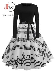 Robe Note de musique imprimer Robe de soirée élégante femmes 50s 60s rétro Vintage Robe Rockabilly décontracté hiver Midi