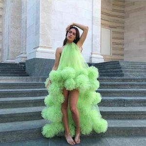 Jurk Neon Groen Sexy Lange Avond Formele Jurken Robe De Soiree Hi Low Ruffle Tule Elegante Avondjurk Halter Feestjurken