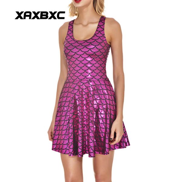 Vestido NUEVO 1009 Chica sexy Mujer Verano sirena Dragón brillante Escama de pescado rosa rosa Impresiones 3D Vestido plisado sin mangas reversible