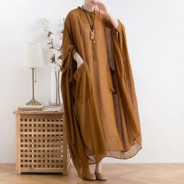 Robe Nouveau 2021 Femmes Abayas Musulman Robe En Mousseline De Soie Dubaï abaya Solide Brun avec Grande Poche caftan islamique Arabe Batwing robes robes