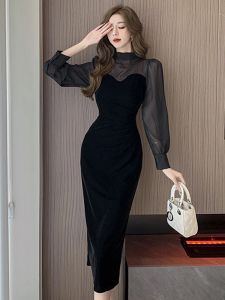 Dress Nouveau noir longue Robe de soirée dames femmes élégant voir à travers manches longues enveloppement Midi fête Robe de bal Mujer Vestido vêtements de rue