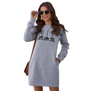 Robe nouvelle broderie de chat sweatshirt robes femme automne hiver o cou manche longues poche plus taille plus taille dames mini robe vestidos