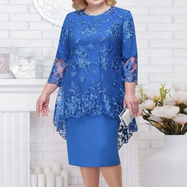 Robe Nouvelle robe Midi Oneck taille haute grande taille broderie dentelle fleur couvrir 3/4 manches dame robe de soirée ensemble vêtements féminins