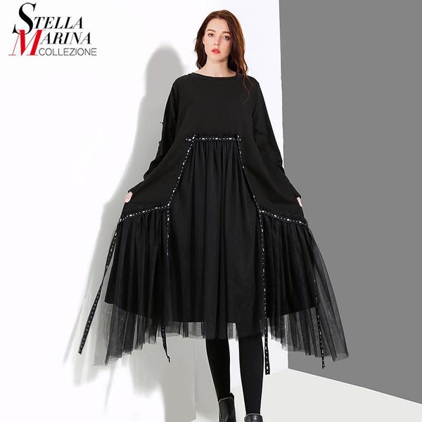 Robe nouvelle taille plus femme automne robe lâche noir solide à manches longues superposition en msh cassettes dames style décontracté robe midi robe femme 4564