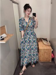 Robe nouvelle été décontracté élégant rétro col en V bulle mi manches robe bohème bleu imprimé robes mi-longues pour les femmes 2023 Maxi Jurk