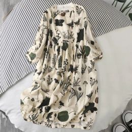 Robe Oneck demi manches disque boutons femmes robe patte poches latérales robe Vintage plante impression pull ample robe mi-longue