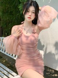 Jurk Roze Sexy Jurken Vrouwen Mini Slanke Tender Bloem 3D Decoratie Hotsweet Meisjesachtig Lantaarn Mouw Mode Ulzzang Esthetische Mujer
