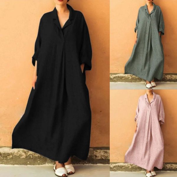 Robe Grande Taille 3XL 4XL 5XL 2023 Robe d'été Femmes Coton Lin Poche longue Boho Robe pour Femmes Bohème Lâche Solide Maxi Robes